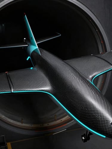 Close-up macro shot of a carbon-fiber UAV wing inside a dark wind tunnel, sharp cyan edge-lighting highlighting aerodynamic contours, technical telemetry lines overlay, 85mm