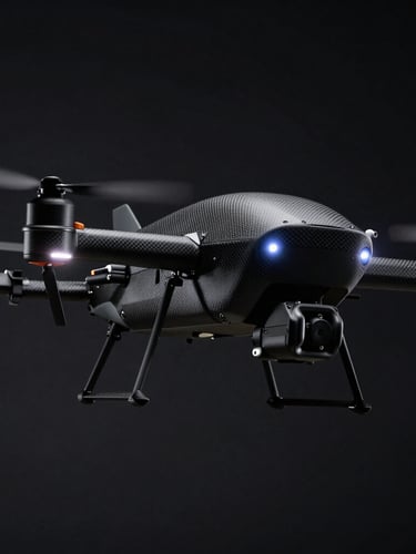 Portrait shot of a rugged industrial inspection UAV, carbon-fiber airframe, glowing status LEDs, low-angle heroic, sharp edge-lighting, dark obsidian background, high-contrast details.