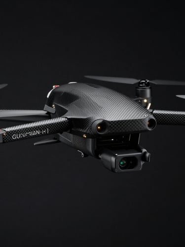 Low-angle heroic product shot of the GUARDIAN-H1 drone, carbon-fiber airframe, sharp edge-lighting, glowing status LEDs, dark obsidian background, high-contrast details.