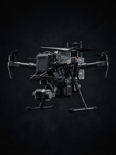 Dramatic low-key product photography of a rugged industrial inspection UAV, sharp technical edge-lighting, dark obsidian background, high-contrast details, telemetry overlay, 85mm