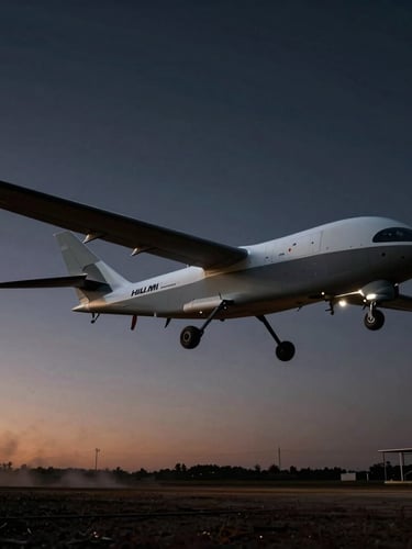 Low-angle heroic product shot of a large Hilmi AeroBotics heavy-lift logistics UAV taking off from a remote landing zone at dawn, sharp technical edge-lighting, dark obsidian background, high-contrast details, 85mm