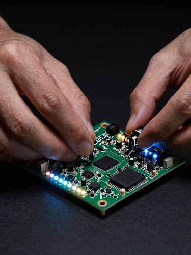 Portrait shot of an engineer's hands working on a custom PCB board with glowing status LEDs, sharp technical edge-lighting, dark obsidian background, high-contrast details, focus on intricate electronics.