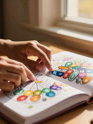 Warm editorial photography of hands with deep skin tones turning the pages of a therapeutic coloring book, golden-hour window light, rich saturated jewel tones, shallow depth of field, 35mm