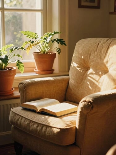 Warm editorial photography of a sun-drenched reading nook with a cozy armchair, terracotta potted plants, golden-hour window light, rich saturated jewel tones, 35mm