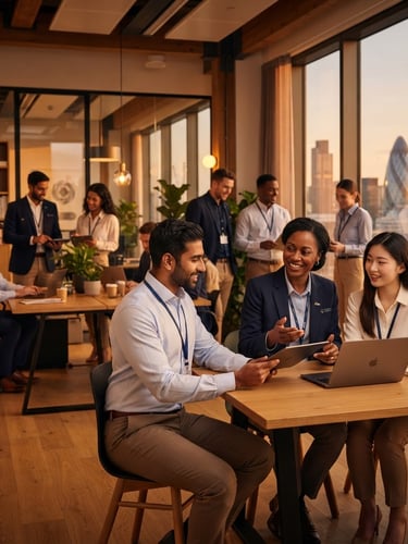 Professional corporate staff in clean, branded uniforms, diverse team, in a modern office, golden-hour interior light, rich amber tones, sharp focus.