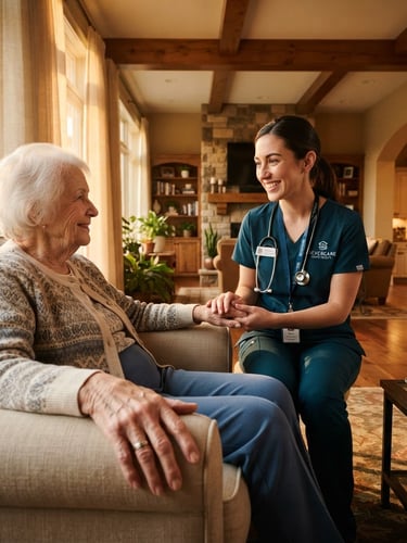 Professional nurse interacting gently with an elderly patient in a warm, clean home environment, soft golden-hour interior lighting, rich amber tones, sharp focus, high-end architectural style, patient's hand visible in foreground, nurse in branded uniform, wide shot.