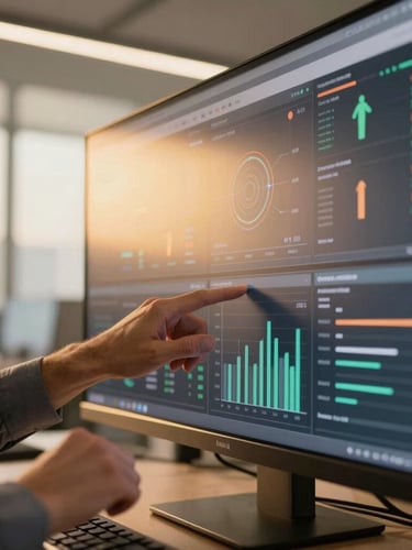 Close-up of a professional facility manager's hands reviewing a digital dashboard showing various operational metrics, with a soft golden light reflecting off the screen, in a clean, modern office, high-end architectural style.