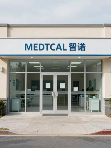 Wide exterior shot of a clean medical clinic entrance, glass door and signage visible, daylight, neutral overcast sky, straightforward architectural framing from sidewalk level, no people present