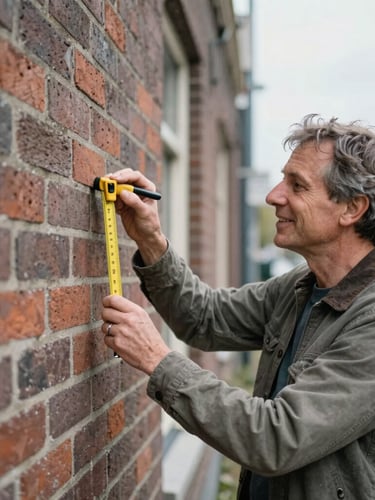 A friendly Dutch structural advisor in casual professional clothing, inspecting a brick wall with a measuring tool, authentic documentary style, soft natural overcast daylight