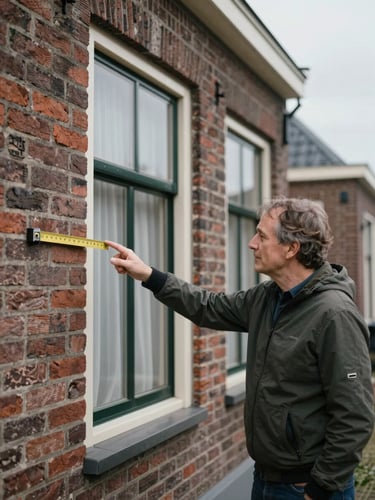 Realistic Dutch brick house in Assen with soft overcast daylight, eye-level authentic documentary photography, focusing on a friendly local advisor pointing to a wall with a measuring tool, muted natural tones.
