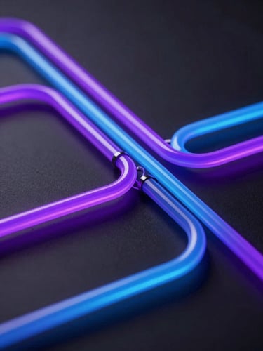Abstract 3D system flowchart with glowing neon purple and electric blue pipelines, dark background, macro perspective, shallow depth of field.