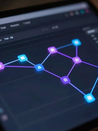 Macro close-up of a dark mode analytics dashboard showing conversion funnel nodes, glowing electric blue and purple lines connecting data blocks on a sleek glass screen, shallow depth of field, moody studio lighting.