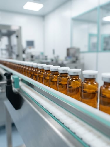 Macro shot of amber glass vials lined up on a sterile conveyor belt under bright clinical white light, sharp focus, 50mm lens