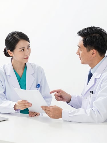 A professional B2B consultation in a bright clinical office, a medical representative showing product documentation to a doctor, clean shadows, high-key light