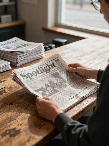 Environmental interior shot of a LaGrange business owner reviewing a printed Spotlight newspaper at a worn wooden counter, soft window light falling across the page, stacks of folded papers visible on the left, natural morning atmosphere