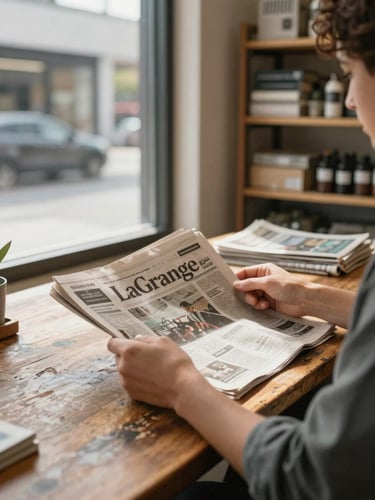 Wide environmental shot inside a LaGrange small business — owner seated at a worn wooden table reviewing a printed newspaper, window light falling across the page and their hands, storefront shelving visible in the soft-focus background