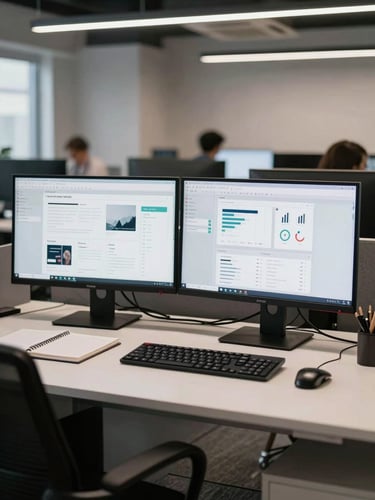 Wide shot of a busy digital agency workspace: two monitors showing website wireframes and analytics dashboards, keyboards and notebooks on desk, clean overhead lighting, modern minimalist office interior