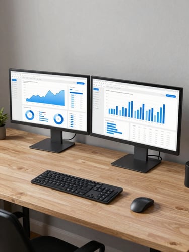 Wide desk surface from above, two monitors showing website analytics dashboard with blue charts and conversion metrics, clean modern studio, neutral overhead light, keyboard and notebook visible at edge