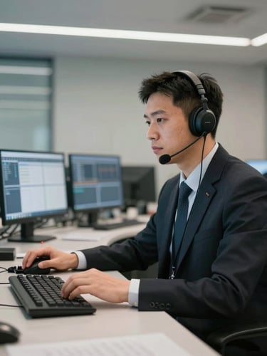 A professional dispatcher working in a modern real-time control room with digital monitoring screens, clean soft lighting.