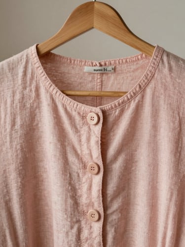 Close-up of a soft blush rose linen dress hanging naturally on a wooden hanger, diffused morning light highlighting the delicate stitching and custom-molded buttons.