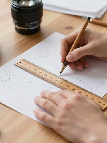 Hands carefully tracing a paper dress pattern with a vintage wooden ruler on a sunlit oak worktable, soft focus