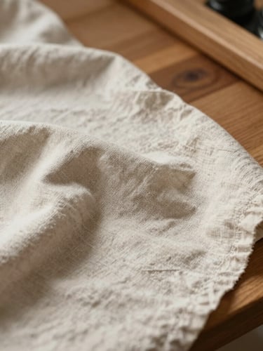 Macro close-up of soft linen fabric draped over a wooden drafting table in natural morning light, delicate neutral textures