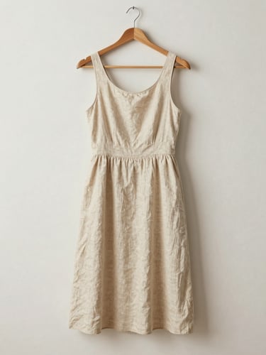 A romantic linen dress in creamy sand tone hanging naturally on a minimalist wooden hanger against an off-white plaster wall, soft side shadows