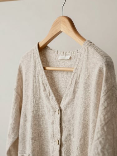 Soft diffused daylight illuminating a wooden hanger with a linen garment, focusing on delicate stitching and romantic drape, neutral off-white background.