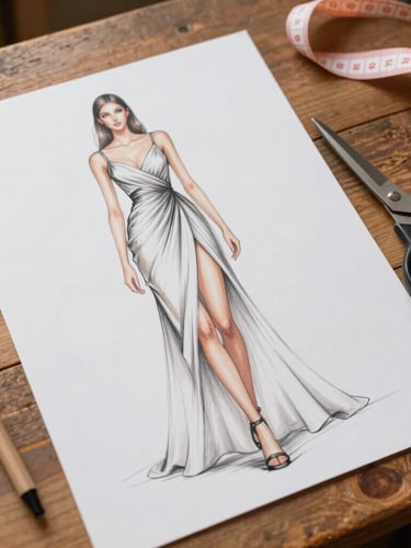 A physical fashion sketch of a romantic draped dress lying on a rustic wooden drafting table alongside tailor shears and soft measuring tape, warm daylight