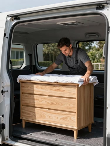 A professional removals owner wrapping a wooden dresser in protective blankets inside a clean, modern van, bright natural daylight