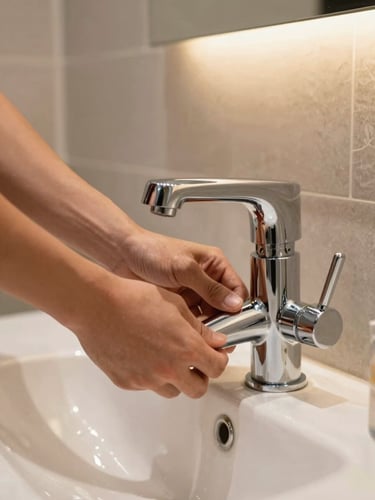 A plumber's hands installing a modern mixer tap on a hotel bathroom vanity, chrome fittings gleaming under warm studio-style interior lighting, pipes visible in the background