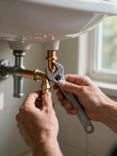 Close-up left-side frame, a plumber's hands tightening copper pipe fittings beneath a villa sink, natural window light from the right casting sharp detail on the wrench and pipe joints, shallow depth of field, no faces visible