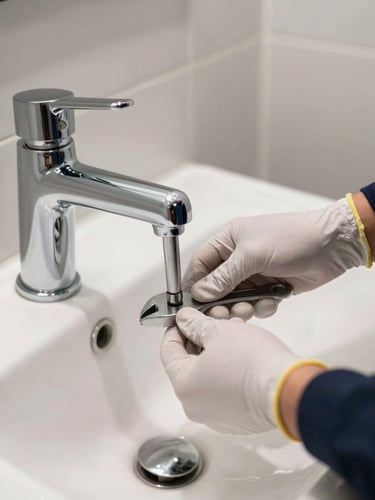 Close-up environmental shot inside a hotel bathroom, a technician's gloved hands installing a chrome mixer tap on a white ceramic basin, silver pipe wrench in frame, clean white tiles with soft overhead lighting, photorealistic editorial style