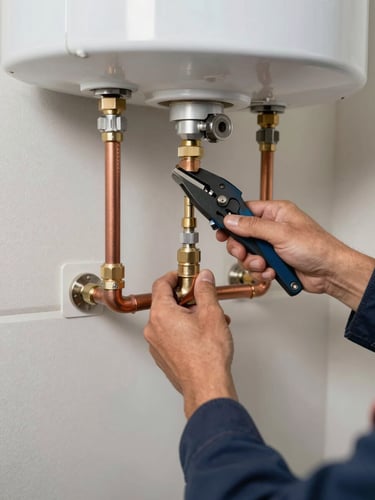 Technician's hands securing a water heater wall mount in a residential utility room, copper pipes being connected with professional tools, clear overhead lighting showing every detail of the installation