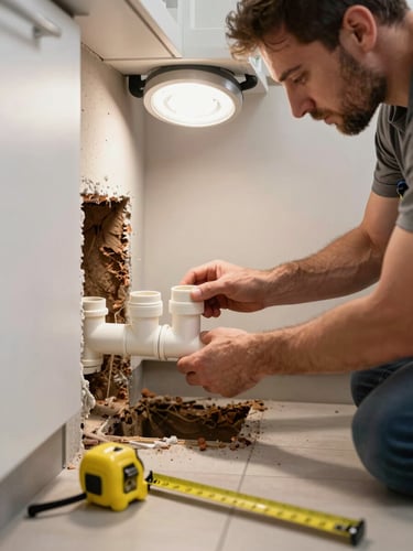 Close environmental shot of a plumber laying PVC pipes in a kitchen wall cavity, measuring tape and pipe cutter on the floor beside him, bright work light illuminating the trench from above