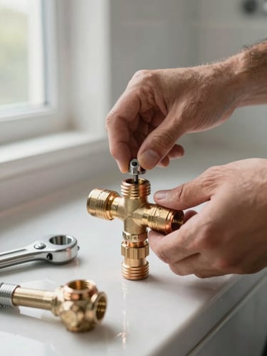 Close-up of a plumber's hands tightening a copper pipe fitting in a luxury villa bathroom, professional tools laid on a clean surface beside him, natural window light illuminating the metallic fittings in sharp detail