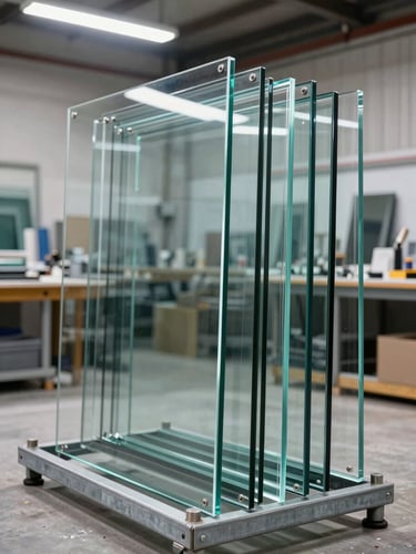 Close-up wide shot of the Shesha Glass shop floor, heavy glass panels of varying thickness stacked vertically in a steel rack, bright overhead light revealing the clarity difference between clear and low-iron glass, fabrication workbench visible in background