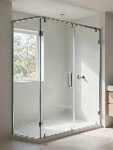 Wide environmental shot of a large frameless sliding shower door with heavy Viena-style hardware and thick chrome rollers, installed in a bright modern bathroom, natural daylight streaming through clear glass panels, full door height visible, edge details sharp