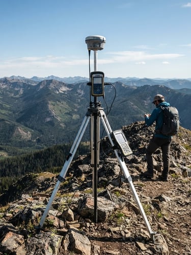 Modern surveying equipment with a high-precision GPS receiver, set up on a rugged mountain peak in Western Montana under crisp daylight, wide environmental shot, muted forest tones, sharp focus.