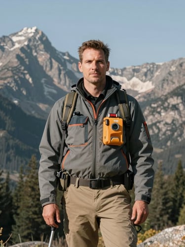 Professional portrait of a land surveyor in high-quality outdoor gear, standing confidently in front of a rugged Montana mountain backdrop under crisp natural daylight. Muted forest tones, sharp focus, 35mm lens.