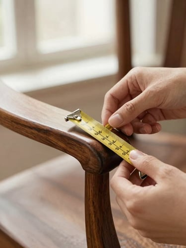 A close-up of hands gently measuring the armrest of a vintage solid oak chair with a classic brass tape measure, soft natural window lighting, rich walnut tones, editorial furniture photography style