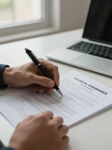 Close-up of insurance professional's hands annotating a printed coverage policy document on a desk, pen in motion, natural window light from the side, a laptop partially visible in background, documentary framing, Argentine office context
