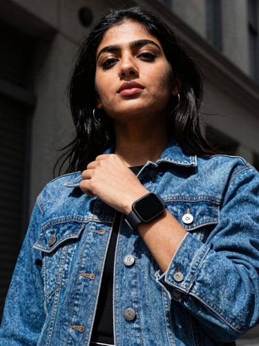 Low-angle street portrait of a young Pakistani woman wearing a smartwatch, styled with a modern denim jacket, crisp daylight, sharp detail, 35mm lens.