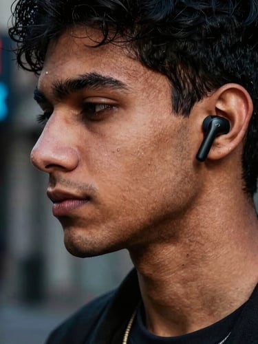 Close-up of a young Pakistani creator wearing matte black wireless earbuds, dramatic neon night reflections, urban streetwear, high-contrast detail, 35mm lens.