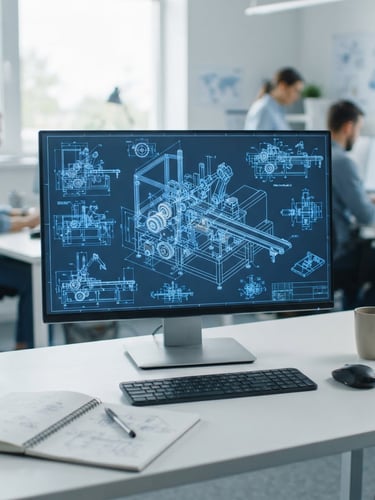 A close-up of a detailed CAD technical drawing of an industrial machine on a bright screen, clean engineering office environment, sharp focus, technical blue tones.