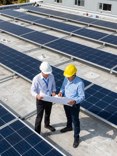 Two professional engineers in hardhats inspecting technical blueprints on an industrial rooftop solar site, bright direct sunlight, professional confidence.