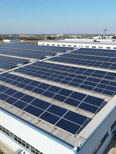 Wide-angle drone perspective of a massive industrial rooftop solar array in bright direct sunlight, deep blue panels reflecting clear sky