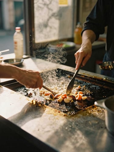 Tight dynamic close-up of local street food sizzling on a metal counter in a Tokyo alleyway, hard shadows, warm golden hour light, 35mm film aesthetic