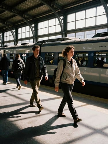 Candid motion shot of two travelers walking through a bustling high-contrast train station in Berlin, natural light, rich shadows, 35mm film aesthetic