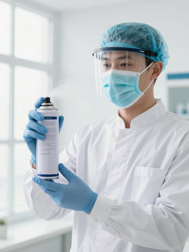 A professional technician in a clean white uniform and protective mask, holding a modern sanitized spraying canister, bright high-key indoor lighting, sterile white and deep teal tones, sharp focus, 35mm lens